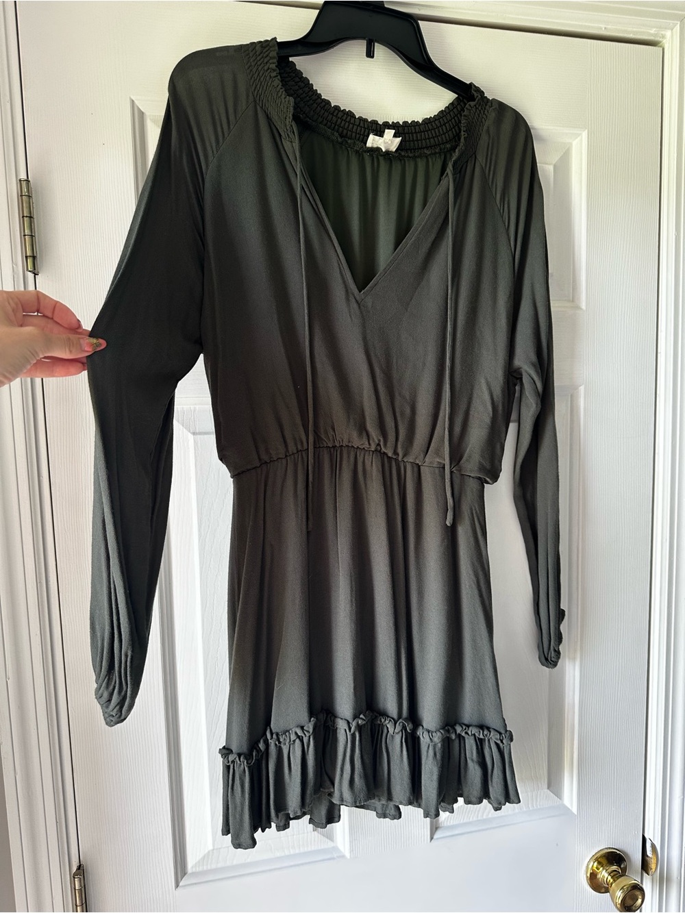 Women's Long Sleeve Smocked Neck Ruffle Hem Dress - Olive Green